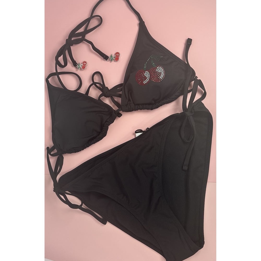 Juicy Couture Black Rhinestone Cherry Triangle Bikini Set Tie Side Bottom M